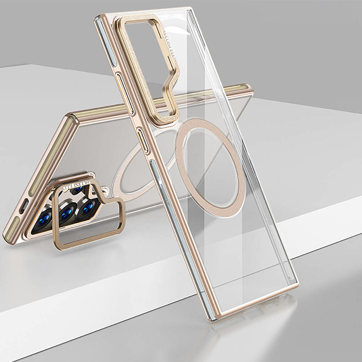 Samsung Galaxy S24 Ultra Uyumlu Kılıf Açılabilir Stand Özellikli, Magsafe Şarj Destekli Şeffaf Kapak
