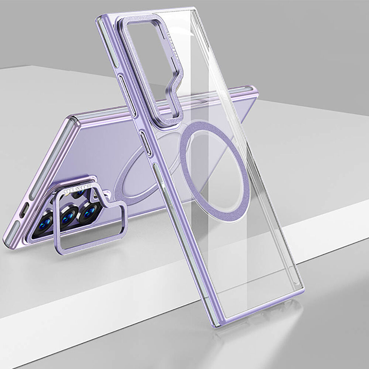 Samsung Galaxy S24 Ultra Uyumlu Kılıf Açılabilir Stand Özellikli, Magsafe Şarj Destekli Şeffaf Kapak