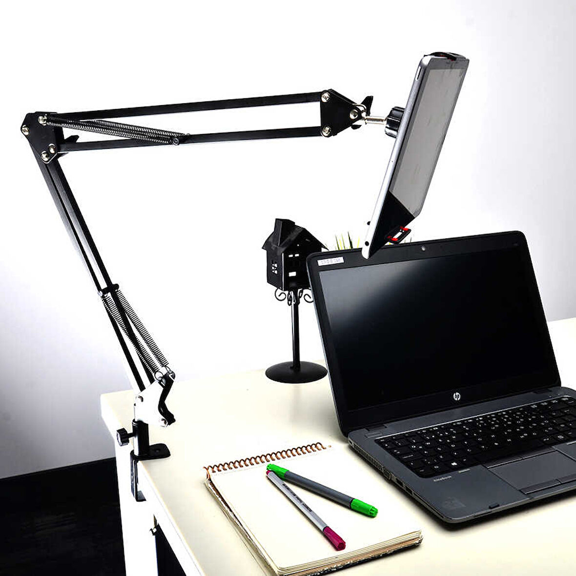 Masaüstü Telefon & Tablet Tutucu 360° Dönen Başlık, Çift Teleskopik Kol (73cm) Ayarlanabilir Kelepçe