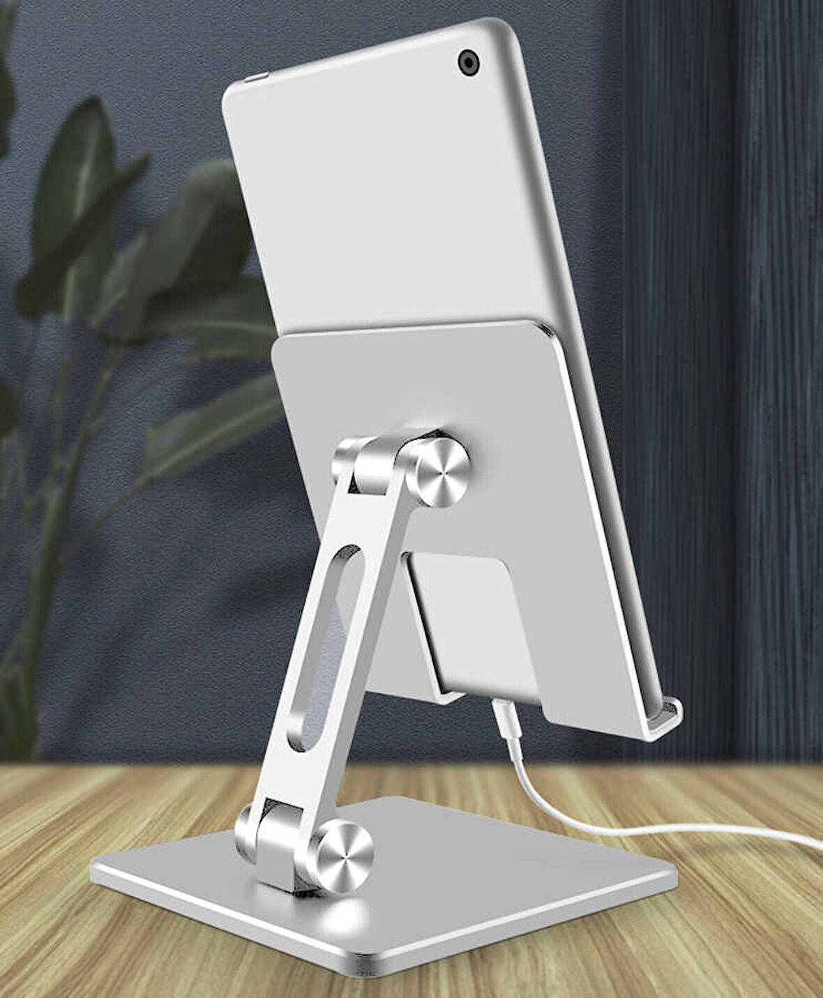 MasaÜstü Telefon Tablet Standı Ağır Metal Taban, Katlanabilir, 180° Dönen Çift Dirsekli Tutucu Gri