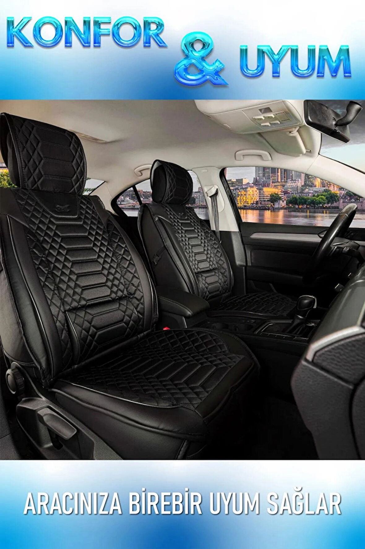 Audi Q7 Uyumlu Lüx Deri Oto Koltuk Kılıfı Ön Arka Takım Set RYL Serisi SİYAH