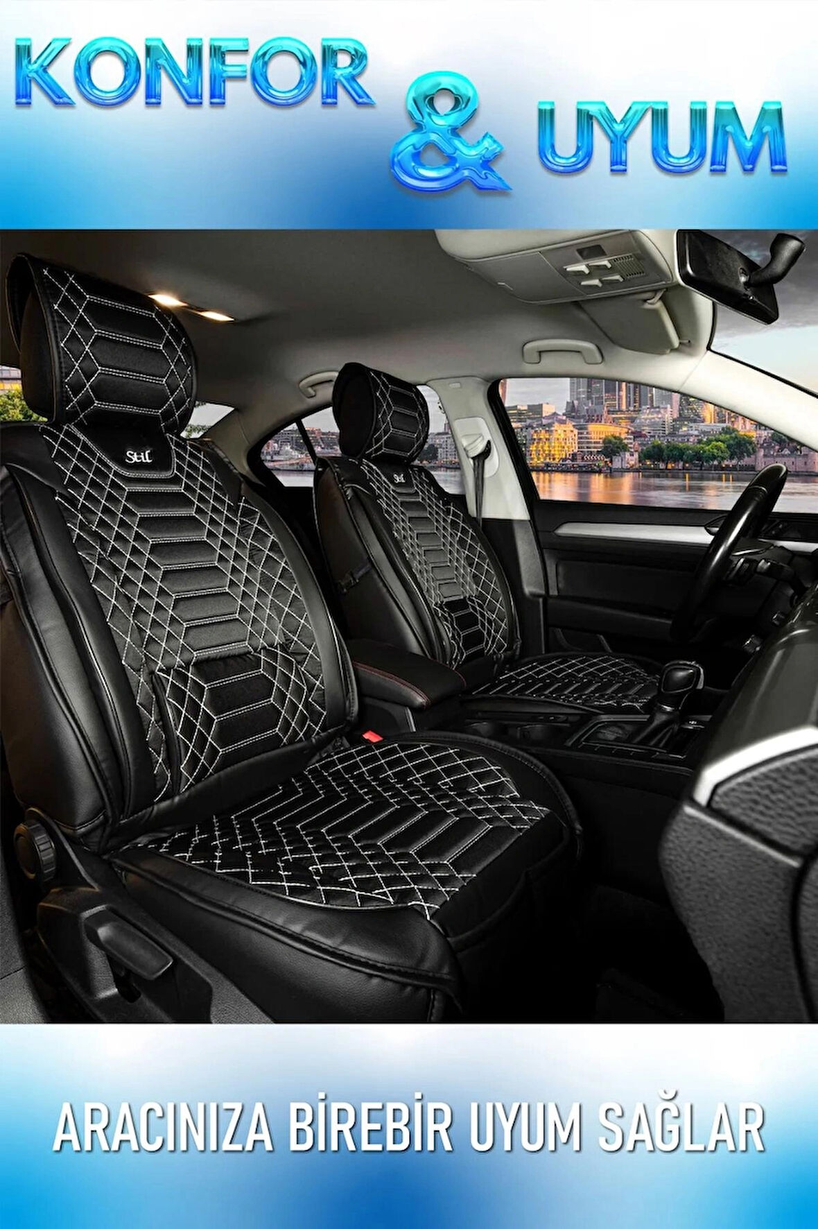 Volkswagen Polo Goal Uyumlu Lüx Deri Oto Koltuk Kılıfı Ön Arka Takım Set RYL Serisi SİYAH BEYAZ