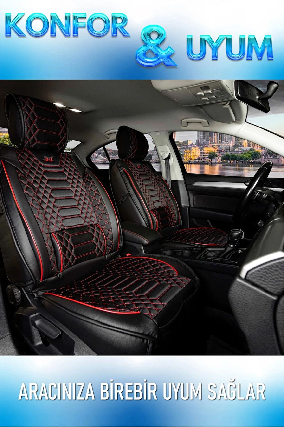 Ford Focus 1 Hatchback Uyumlu Lüx Deri Oto Koltuk Kılıfı Ön Arka Takım Set RYL Serisi SİYAH KIRMIZI