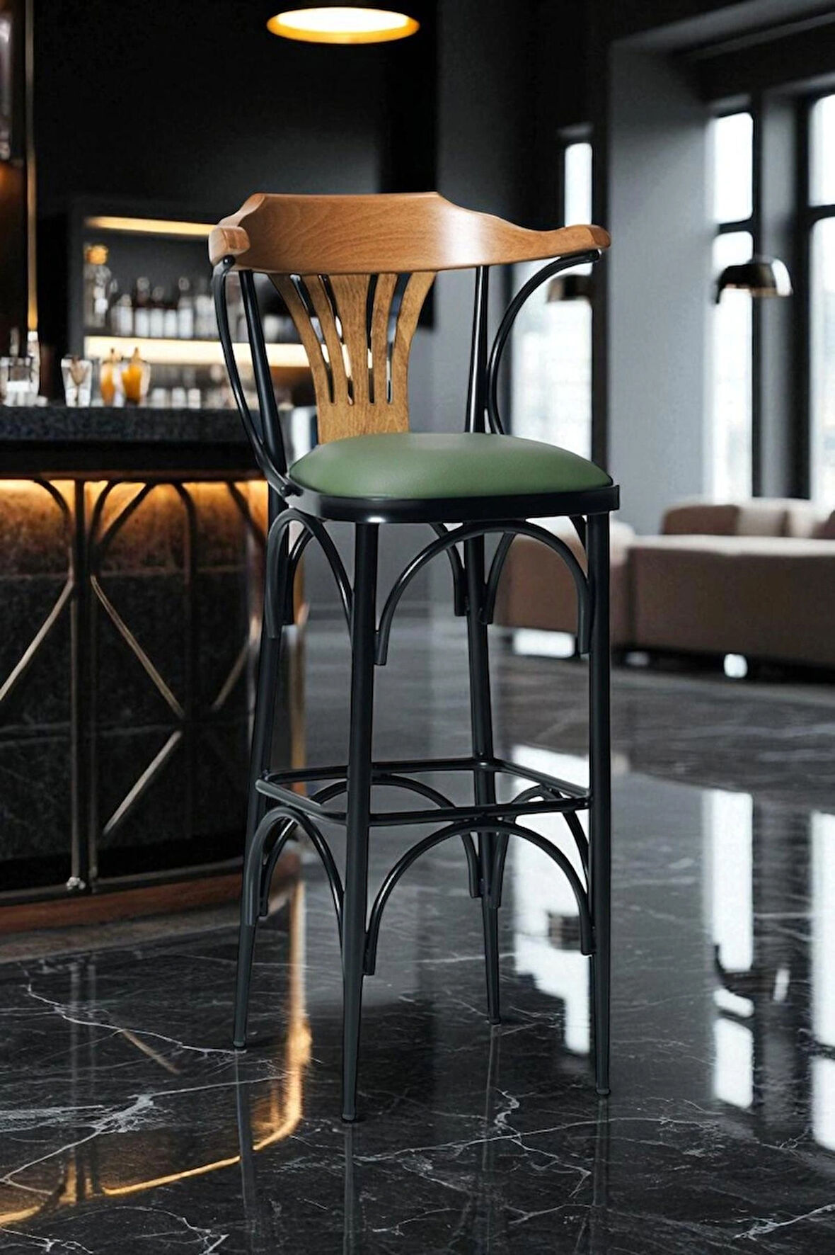 Bar Sandalyesi Yeşil-kahve-t169/75 - Oturma Yüksekliği 75cm - Metal Iskelet - Ahşap Sırt Ve Kolçak