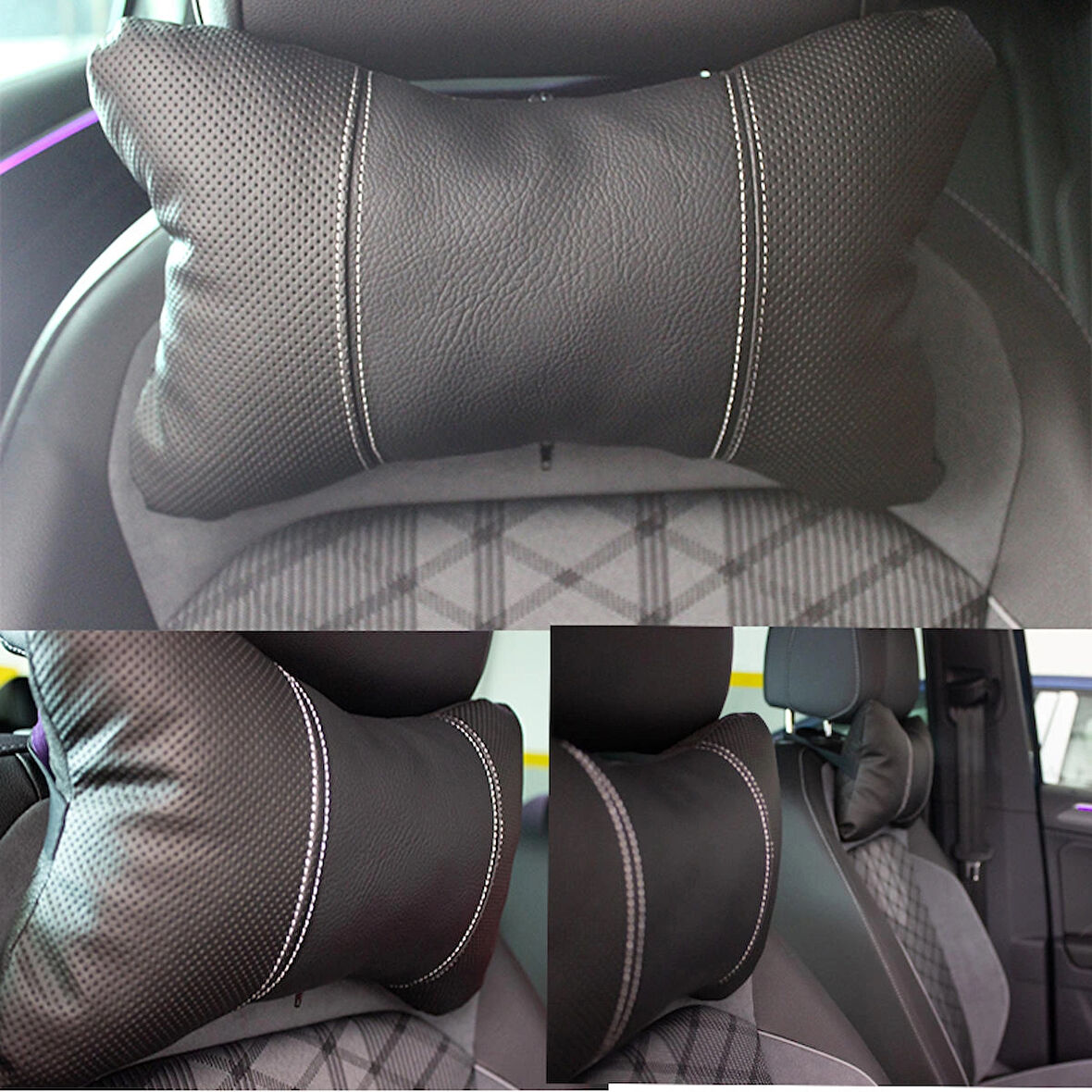 Chery Tiggo 8 Pro Max Exceptional Araç İçi Deri Boyun Yastığı 2'li Set Takım Oto Koltuk Başlığı Seyahat Yastığı SİYAH BEYAZ