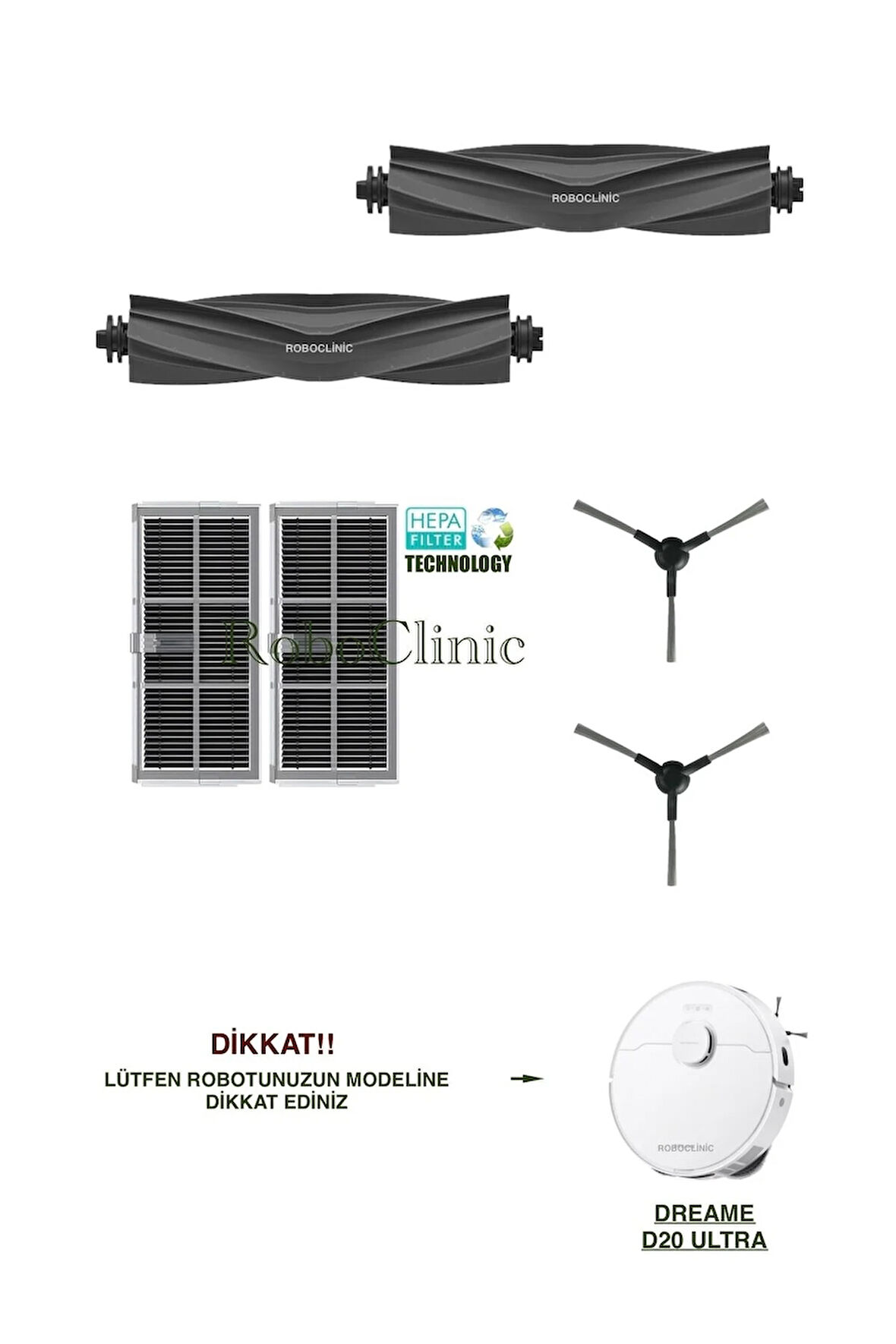 Dreame D20 Ultra Robot Süpürge Uyumlu Yedek Fırça, Hepa Filtre Seti-6 Parça