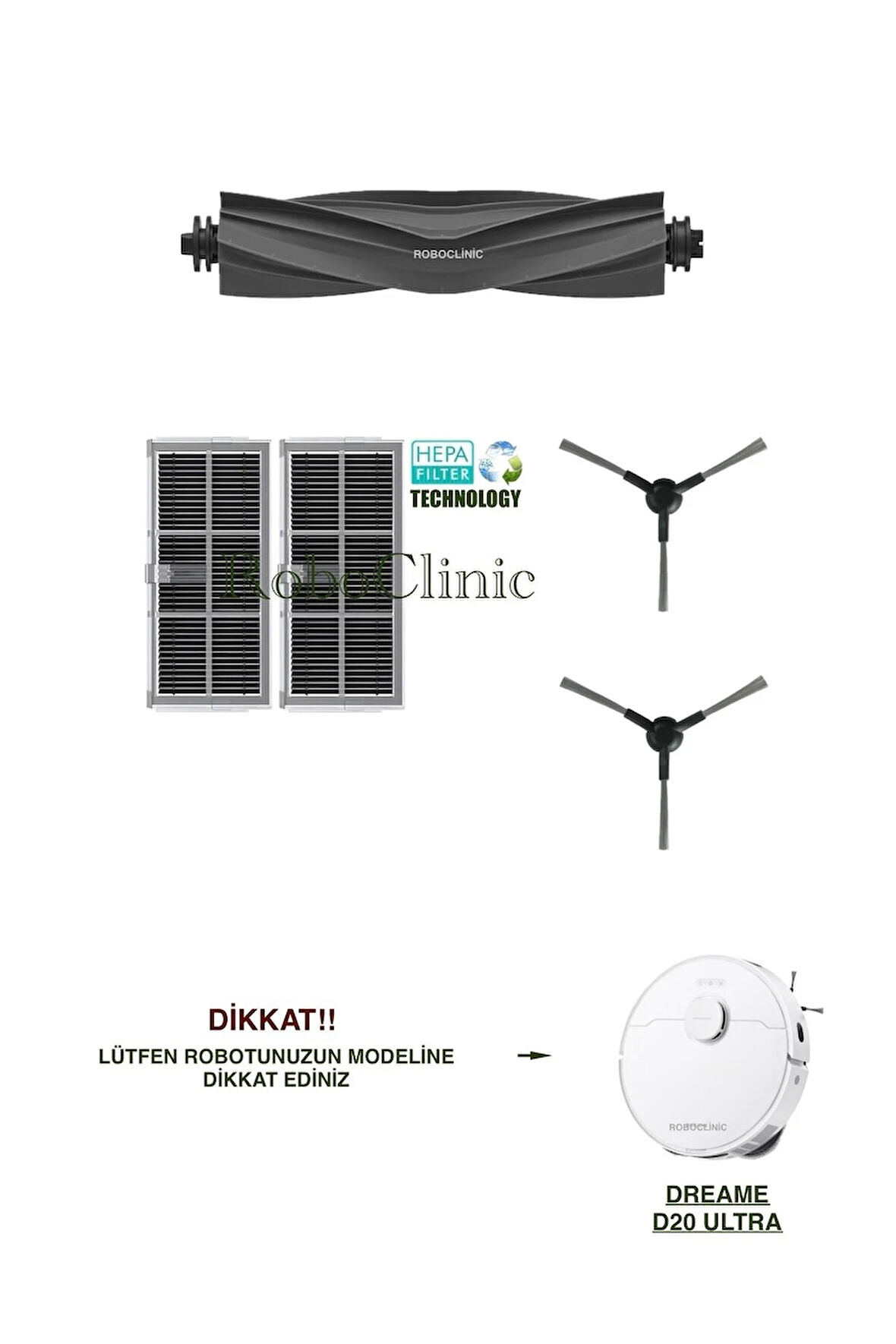 Dreame D20 Ultra Robot Süpürge Uyumlu Yedek Fırça, Hepa Filtre Seti-5 Parça