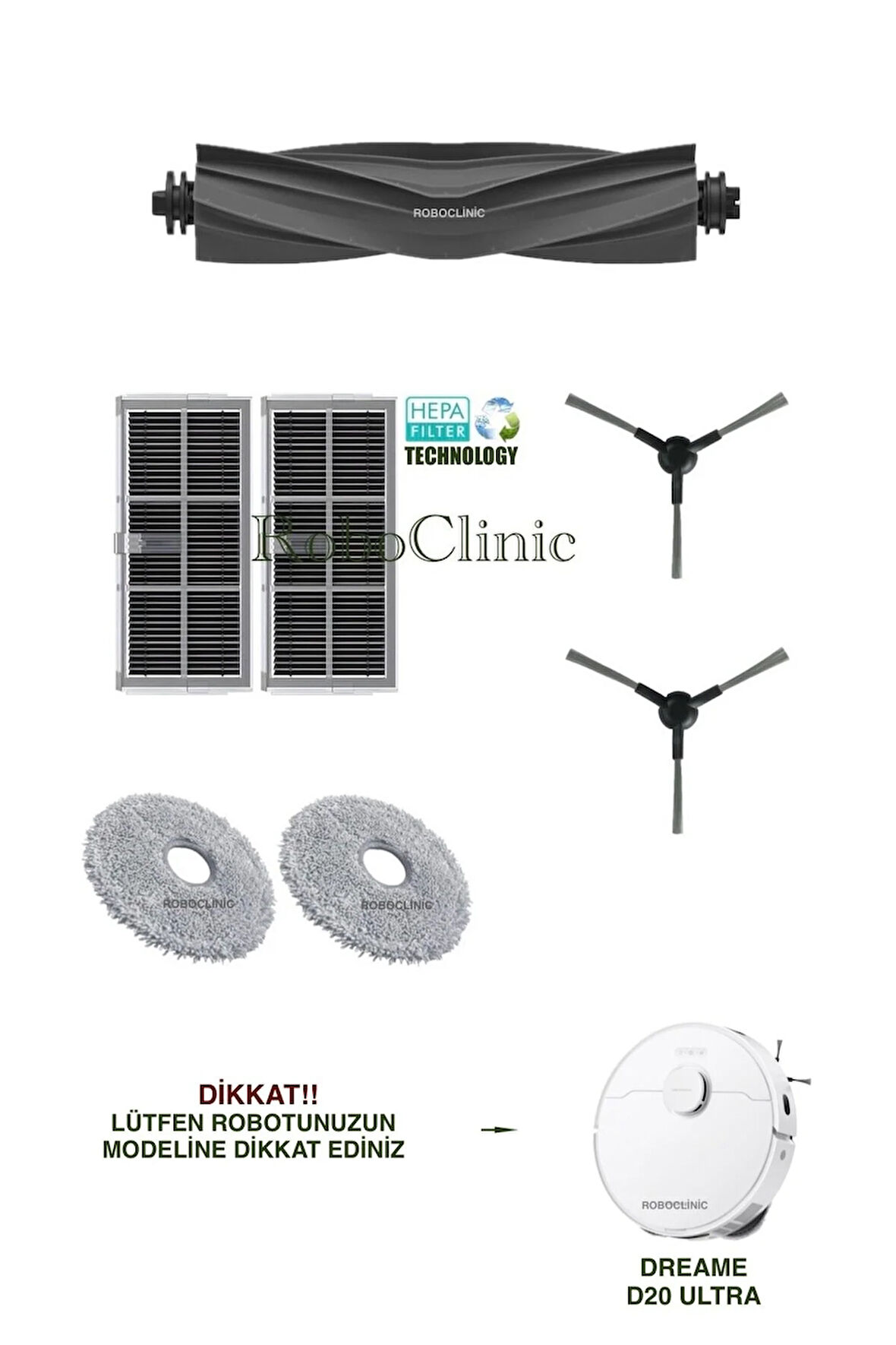 Dreame D20 Ultra Robot Süpürge Uyumlu Yedek Fırça, Hepa Filtre, Mop Seti-7 Parça