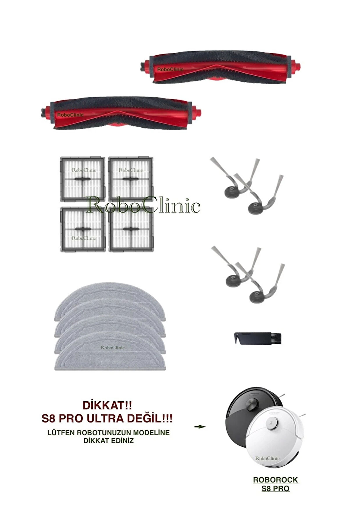 Roborock S8 Pro / S8 Pro+ (ULTRA DEĞİL!) Robot Süpürge Uyumlu Yedek Fırça, Hepa Filtre, Mop-15 Parça