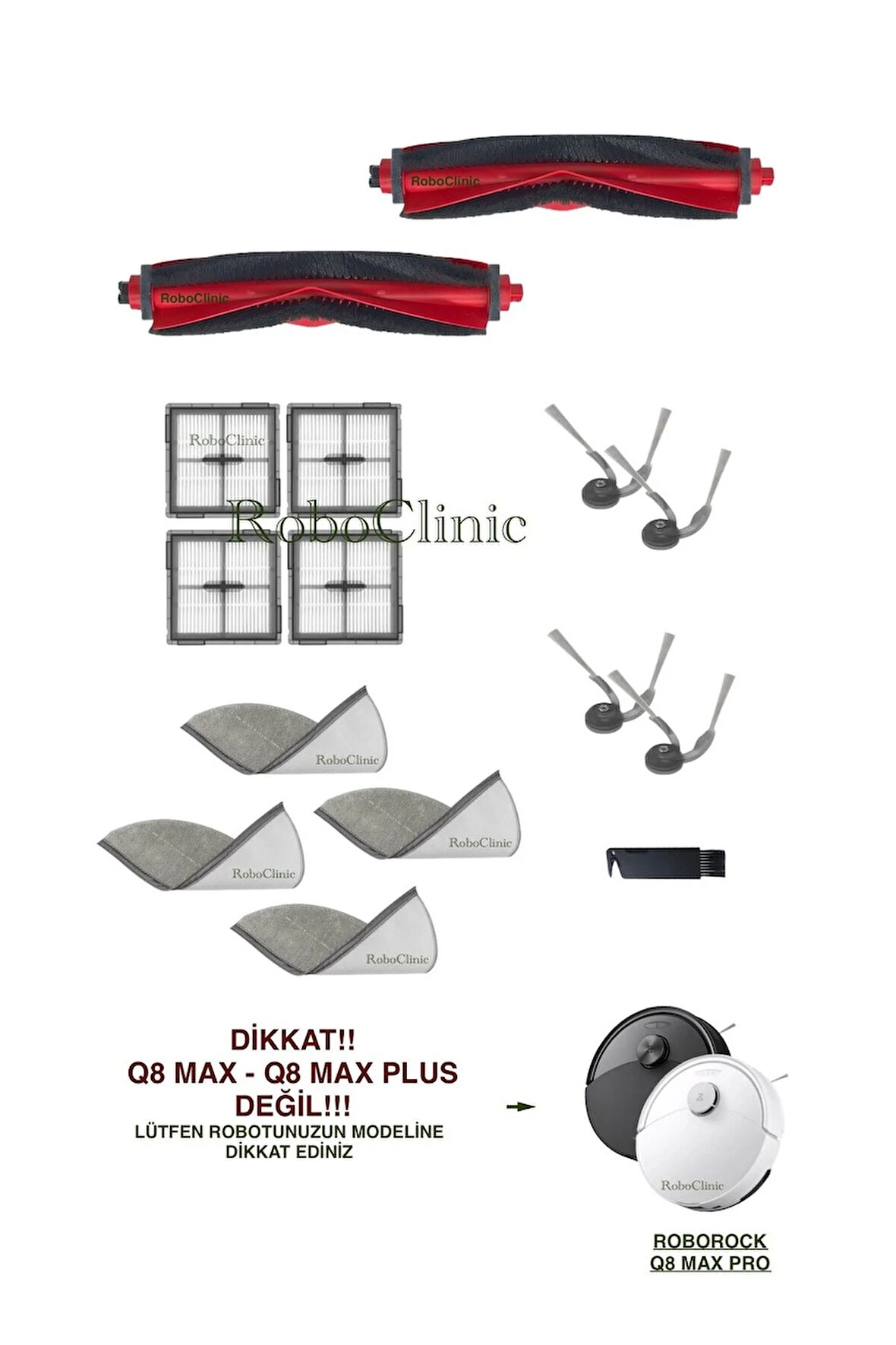 Roborock Q8 Max Pro (2025 Model!!) Robot Süpürge Uyumlu Yedek Fırça, Hepa Filtre, Mop- 15 Parça