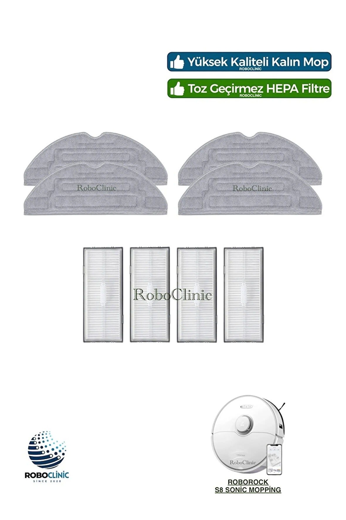 Roborock S8 Sonic Mopping Robot Süpürge Uyumlu Yedek Hepa Filtre, Mop Seti-8 Parça