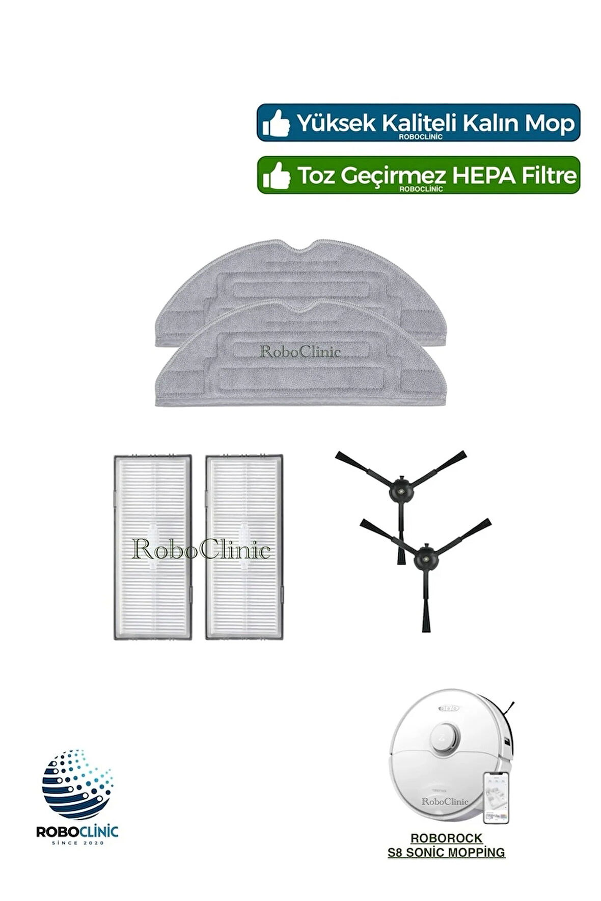 Roborock S8 Sonic Mopping Robot Süpürge Uyumlu Yedek Hepa Filtre, Yan Fırça, Mop Seti-6 Parça