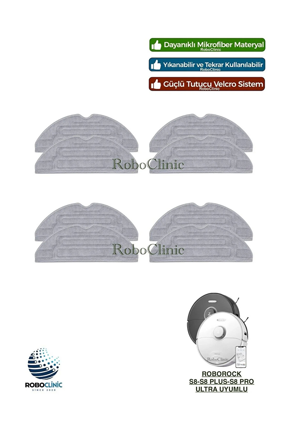 Roborock S8 / S8 Plus / S8 Pro Ultra Robot Süpürge Uyumlu 8 Adet Microfiber Mop Bez Paspası