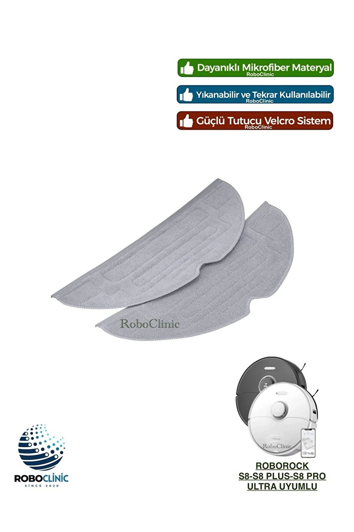 Roborock S8 / S8 Plus / S8 Pro Ultra Robot Süpürge Uyumlu 2 Adet Microfiber Mop Bez Paspası