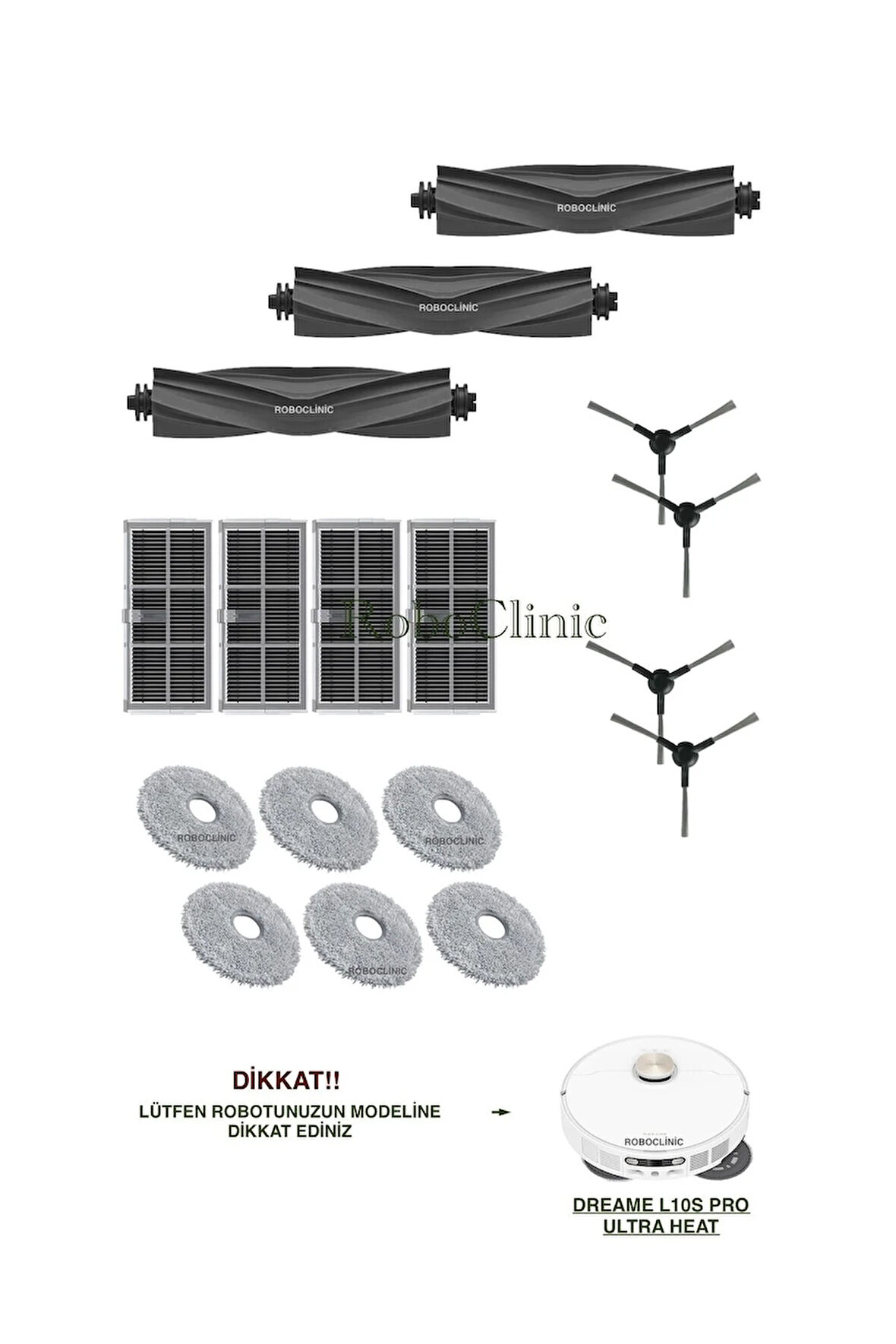 Dreame L10s Pro Ultra Heat Robot Süpürge Uyumlu Ana Fırça, Yan Fırça, Hepa Filtre, Mop Seti-17 Parça
