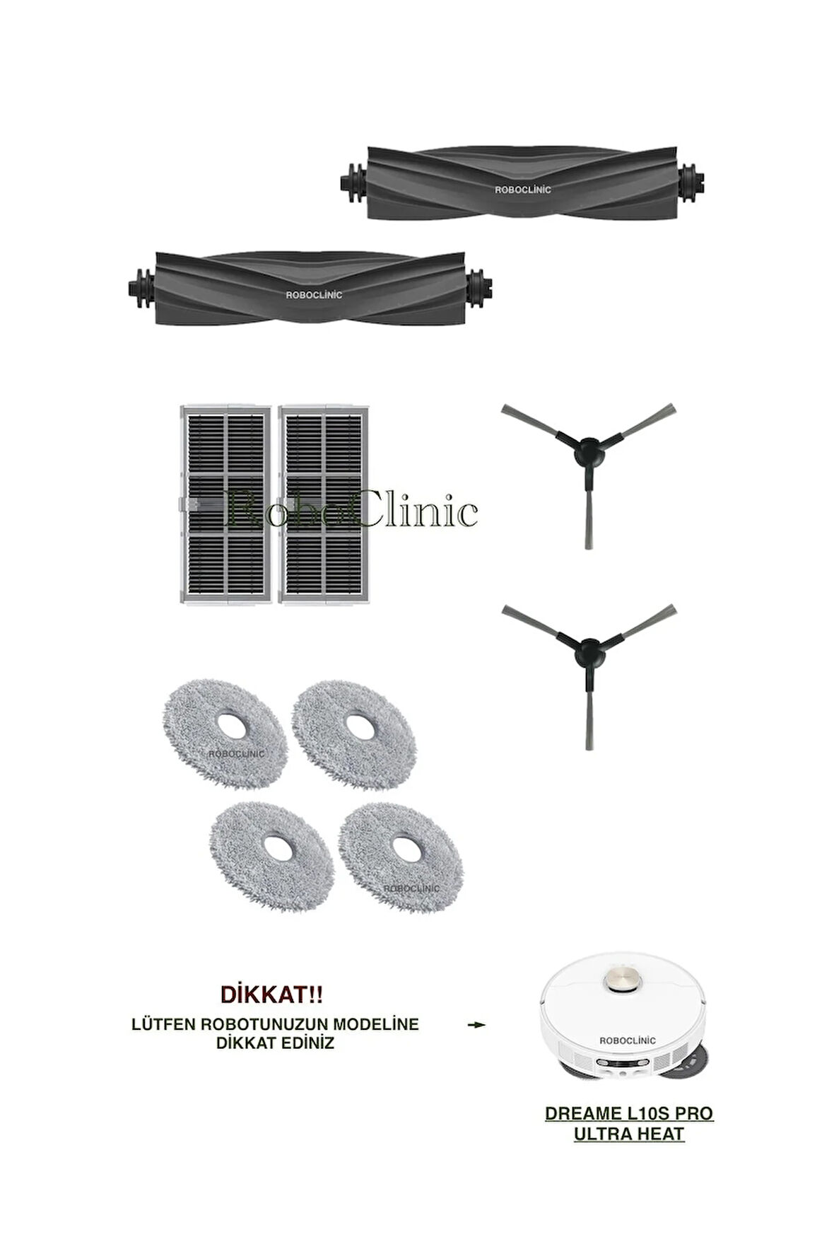 Dreame L10s Pro Ultra Heat Robot Süpürge Uyumlu Ana Fırça, Yan Fırça, Hepa Filtre, Mop Seti-10 Parça