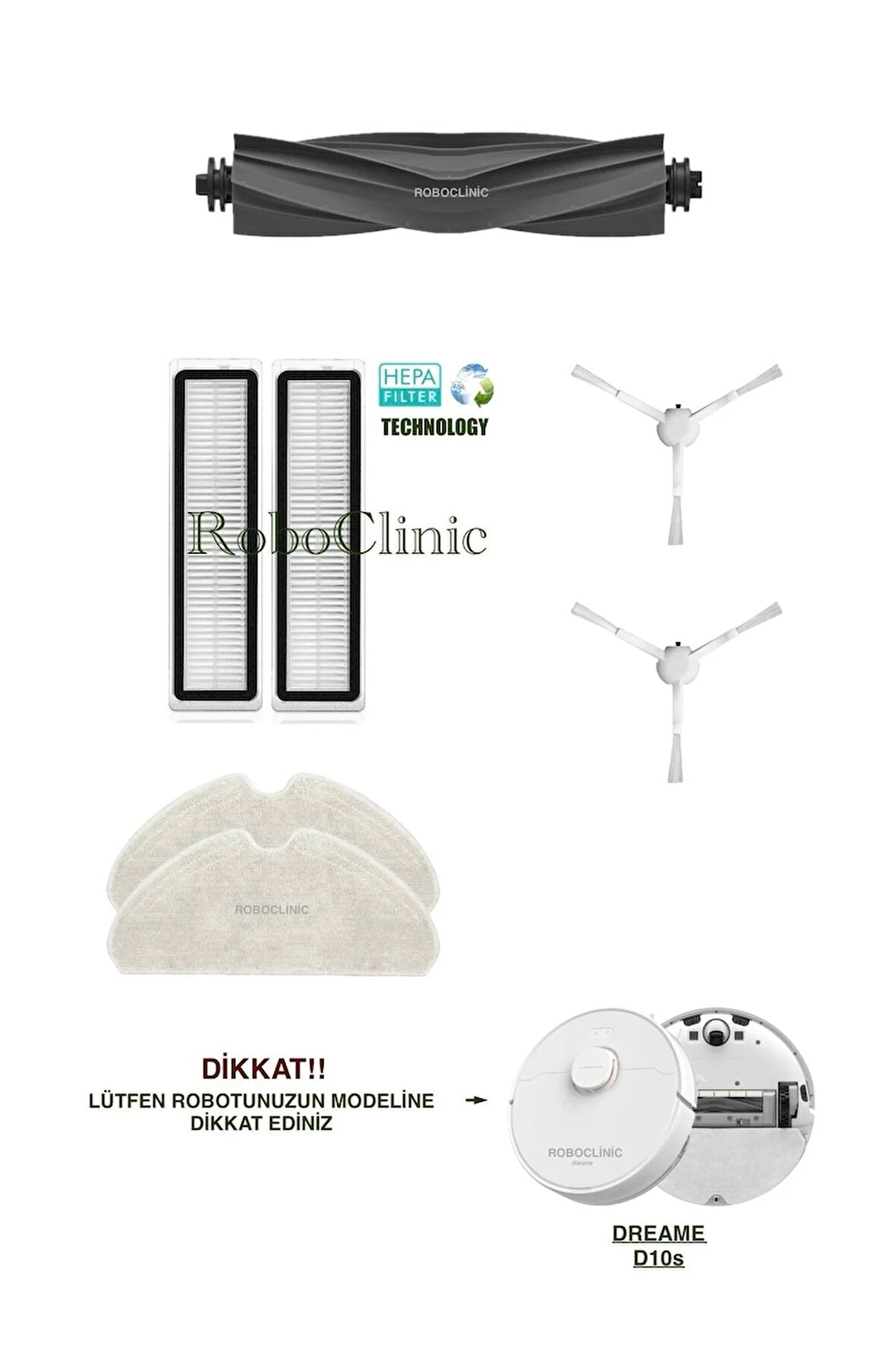 Dreame D10s Robot Süpürge Uyumlu Yedek Fırça, Hepa Filtre, Mop Seti-7 Parça