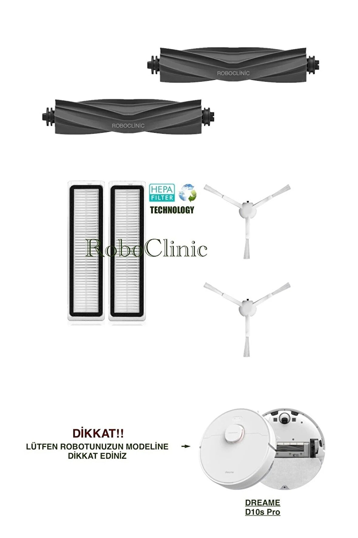 Dreame D10s (Beyaz) Uyumlu Yedek Fırça, Hepa Filtre Seti-6 Parça