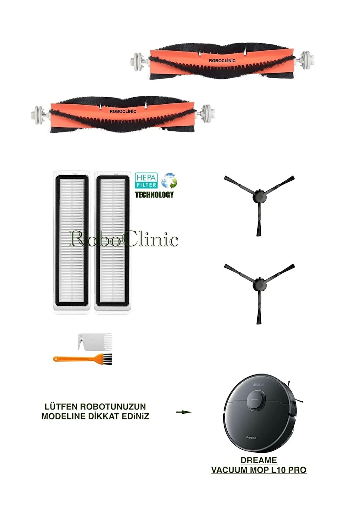 Dreame Vacuum Mop L10 Pro Siyah Robot Süpürge Uyumlu Fırça,Hepa Filtre,Set-8 Parça