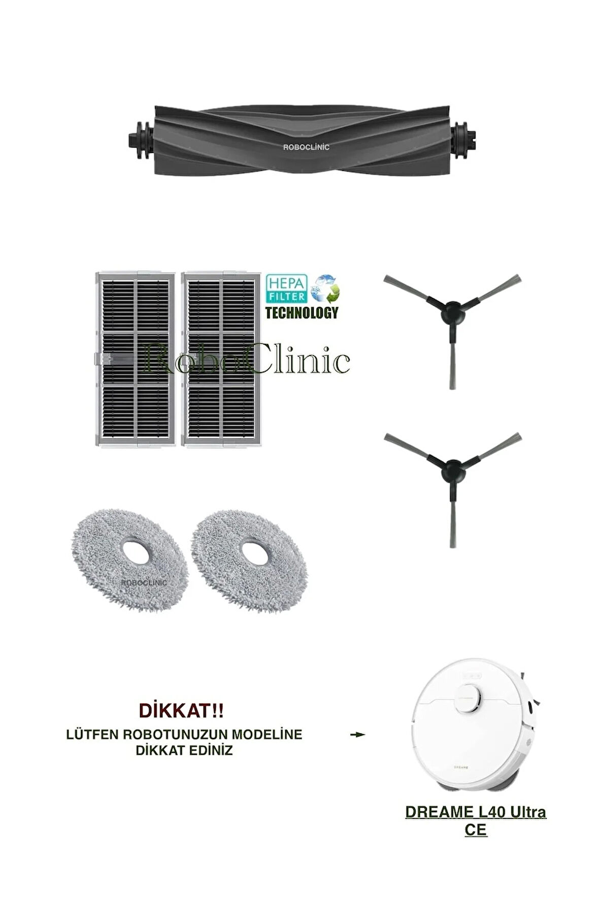 Dreame L40 Ultra CE Robot Süpürge Uyumlu Yedek Fırça, Hepa Filtre, Mop Paspas Set-7 Parça