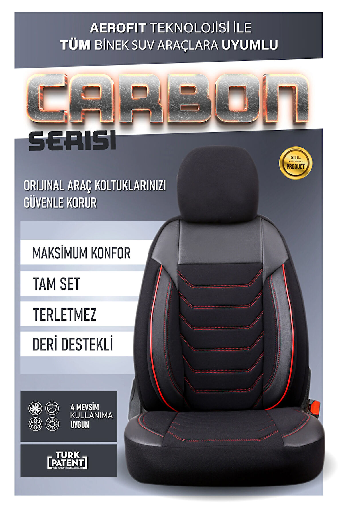 Ford Focus Active Stil ile Uyumlu Lüx Deri Detaylı Oto Koltuk Kılıfı Ön Arka Takım Carbon Serisi SİYAH KIRMIZI