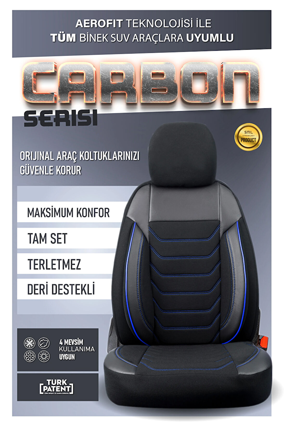 Opel Vectra B ile Uyumlu Lüx Deri Detaylı Oto Koltuk Kılıfı Ön Arka Takım Carbon Serisi SİYAH MAVİ