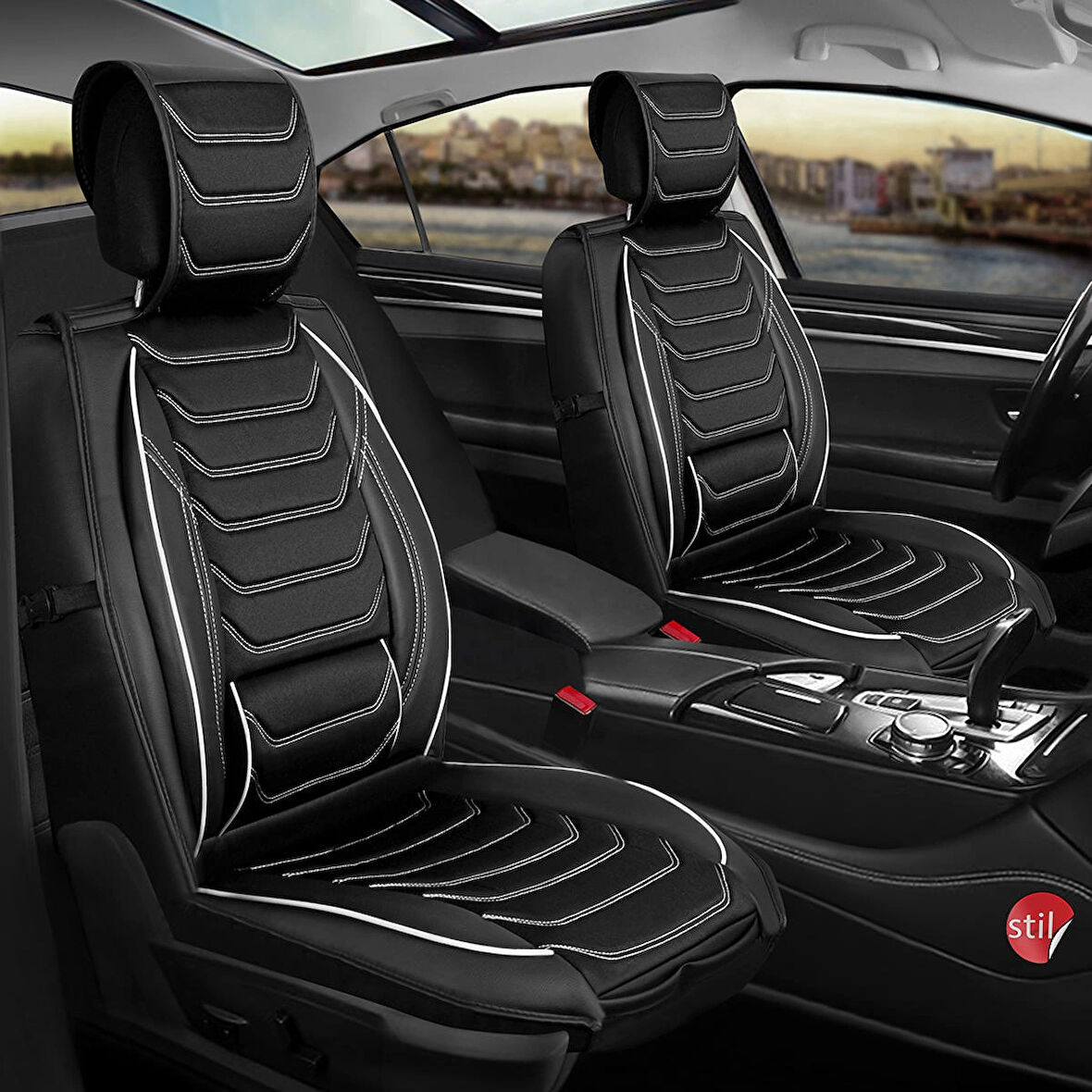 Seat Leon Copa Plus Uyumlu Lüx Deri Oto Koltuk Kılıfı Ön Arka Takım Eagle Siyah Beyaz