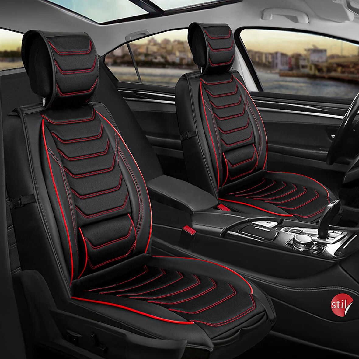 Fiat Linea Actual Uyumlu Lüx Deri Oto Koltuk Kılıfı Ön Arka Takım Eagle Siyah Kırmızı