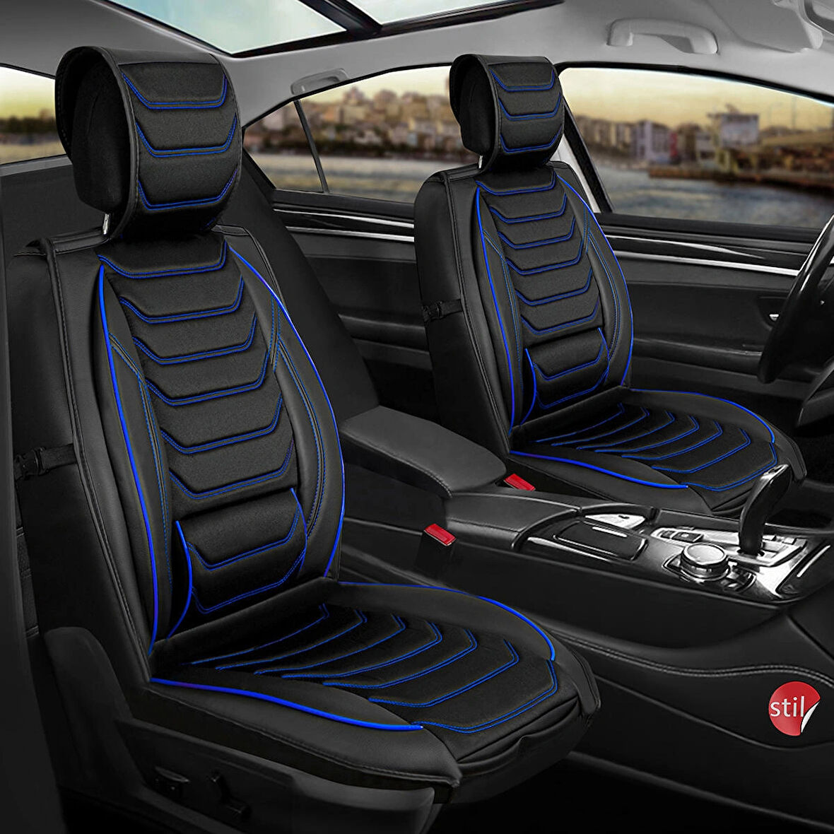 Ford Focus 1 Hatchback Uyumlu Lüx Deri Oto Koltuk Kılıfı Ön Arka Takım Eagle Siyah Mavi