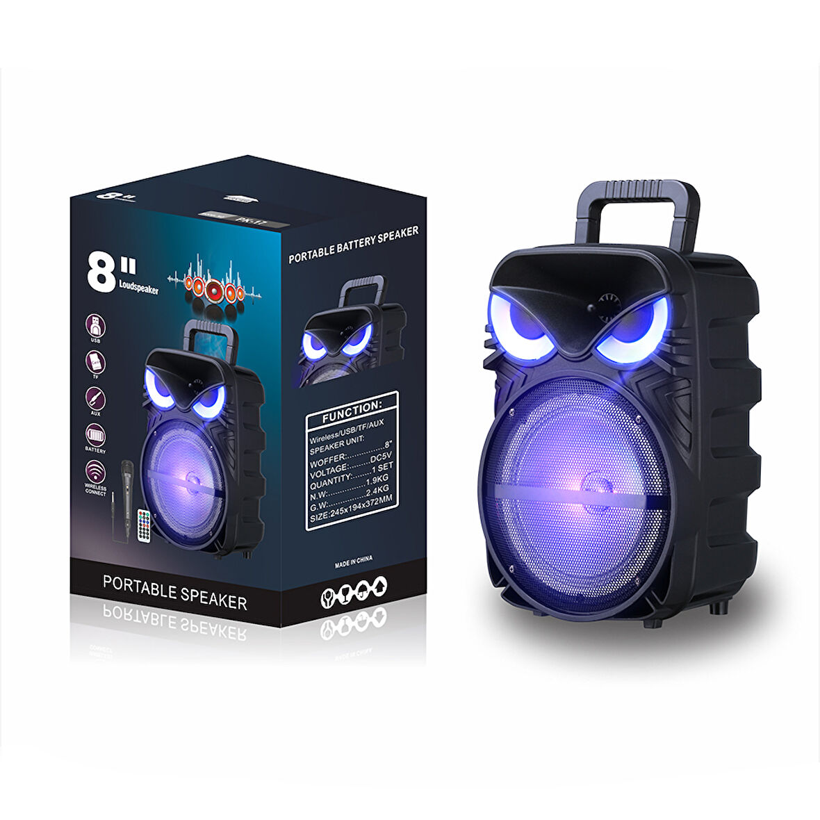 RGB Işıklı Parti Karaoke Hoparlör Bluetooth, 8 İnç Güçlü Bas, Mikrofonlu, FM Radyo ve TWS Stereo Ses