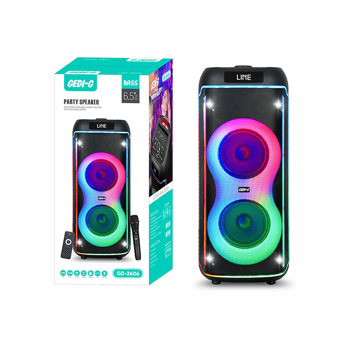 Mikrofonlu RGB Işıklı Kablosuz Karaoke Hoparlör Çift 6.5 İnç Stereo Bass Dijital LED Parti Sistemi