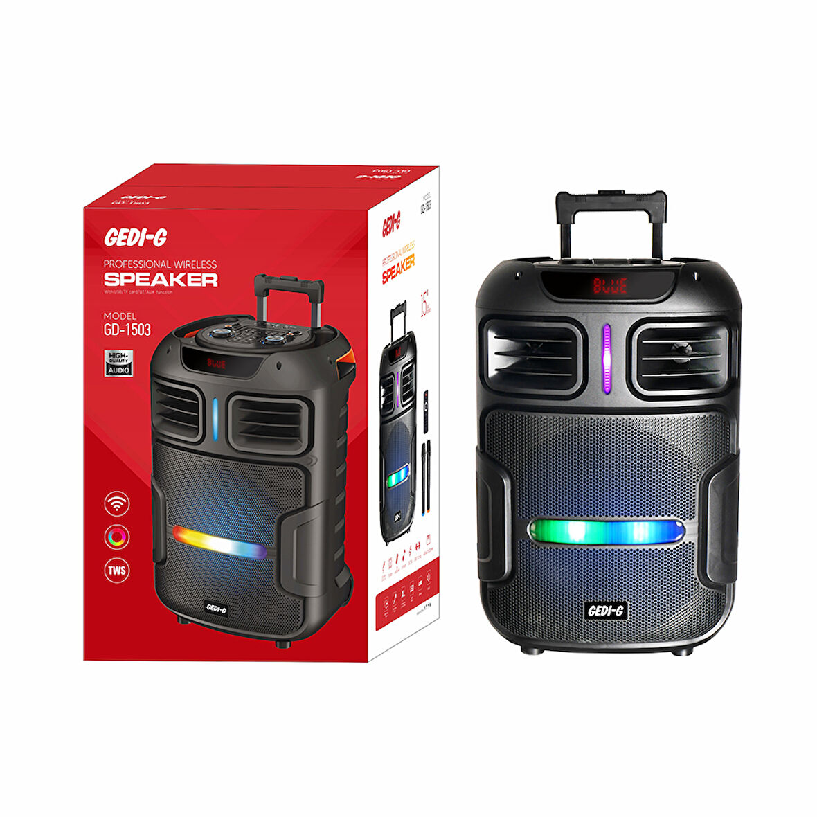 Dış Mekan Kablosuz Hoparlör, Karaoke Mikrofonlu, Dijital LED Göstergeli FM Radyo, USB/TF/AUX Girişli