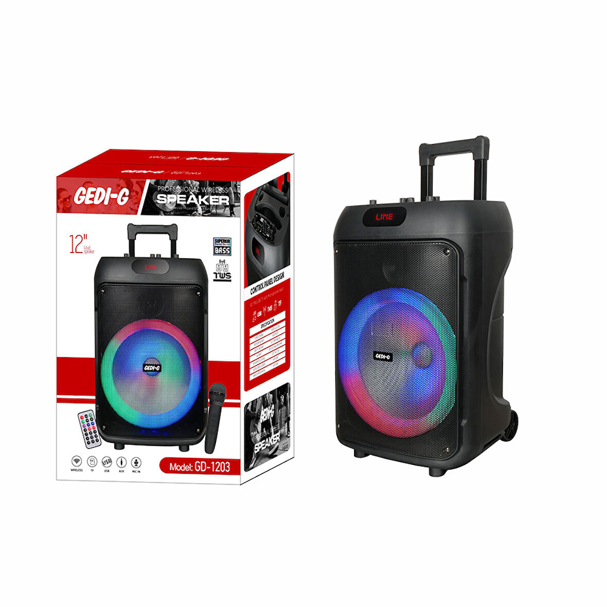 Taşınabilir Dış Mekan Eğlence ve Işık Şöleni 12 İnç Güçlü Bas Hoparlör Karaoke Mikrofonlu RGB Işıklı