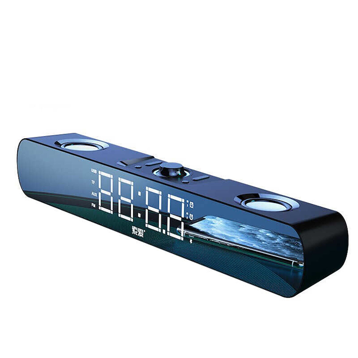 Kablosuz Bluetooth Speaker Hoparlör 6W Güçlü Ses Aynalı Led Dijital Saat Alarmlı USB/TF/AUX Destekli