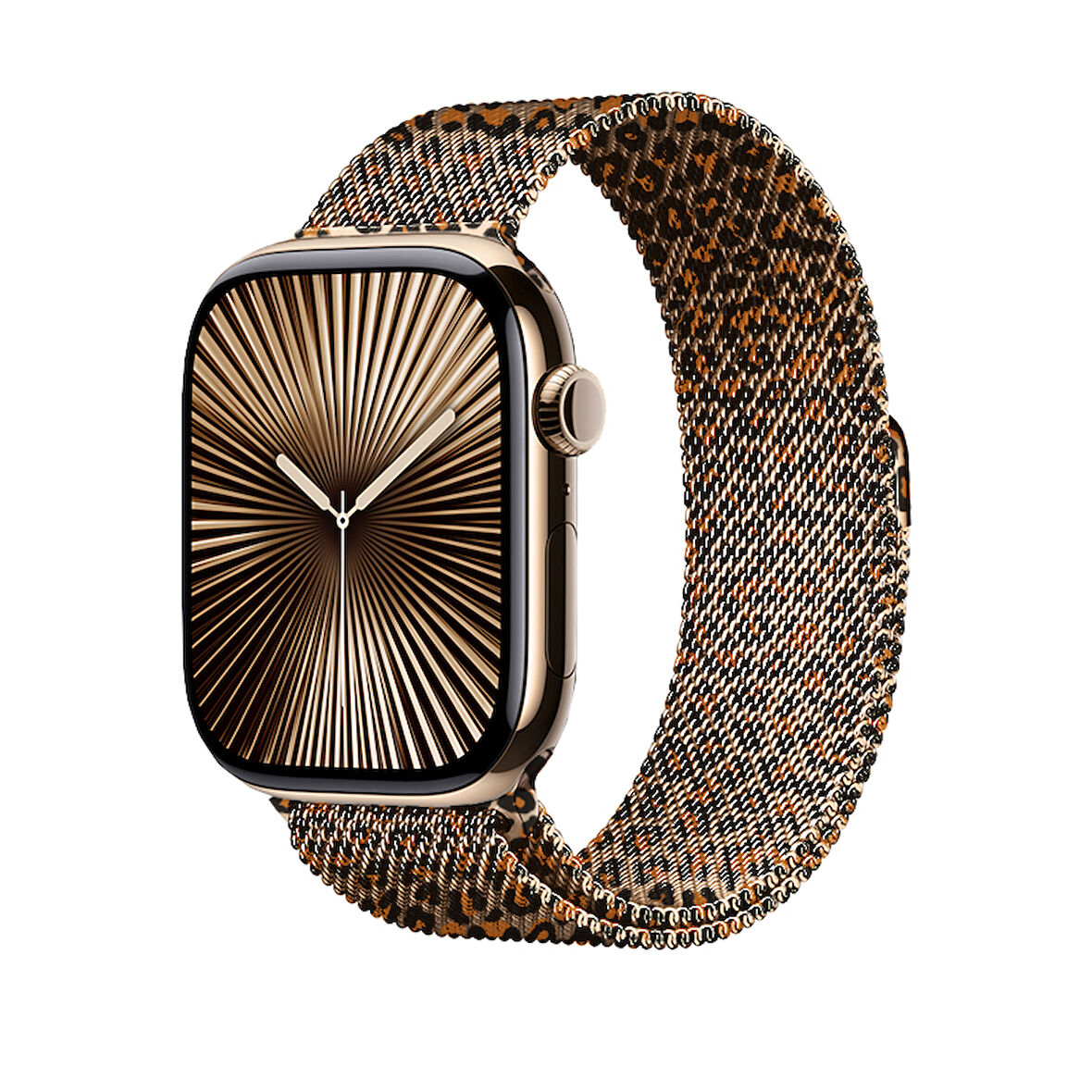 Apple Watch - SE/SE 2 /4/5/6 44mm Mıknatıslı Leopar Desenli Tel Örgü Metal Kordon Çeliğin Zarafeti !