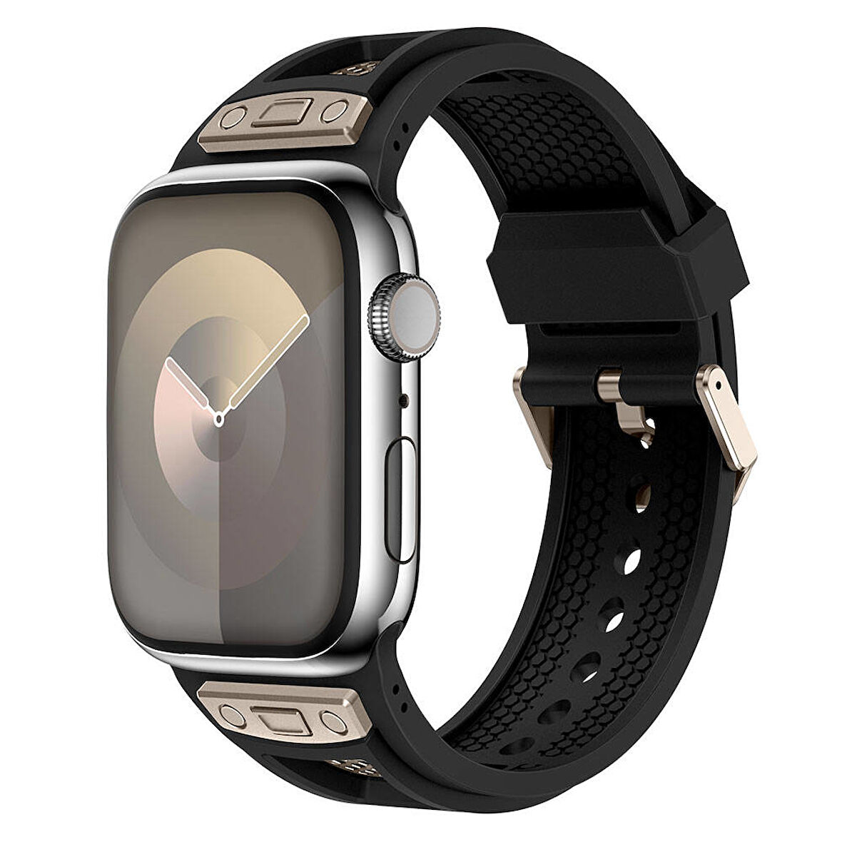 Apple Watch 7 / 8 / 9 45mm Hava Alan Delikli Silikon Kordon Metal Süslemeli, Sportif & Konforlu