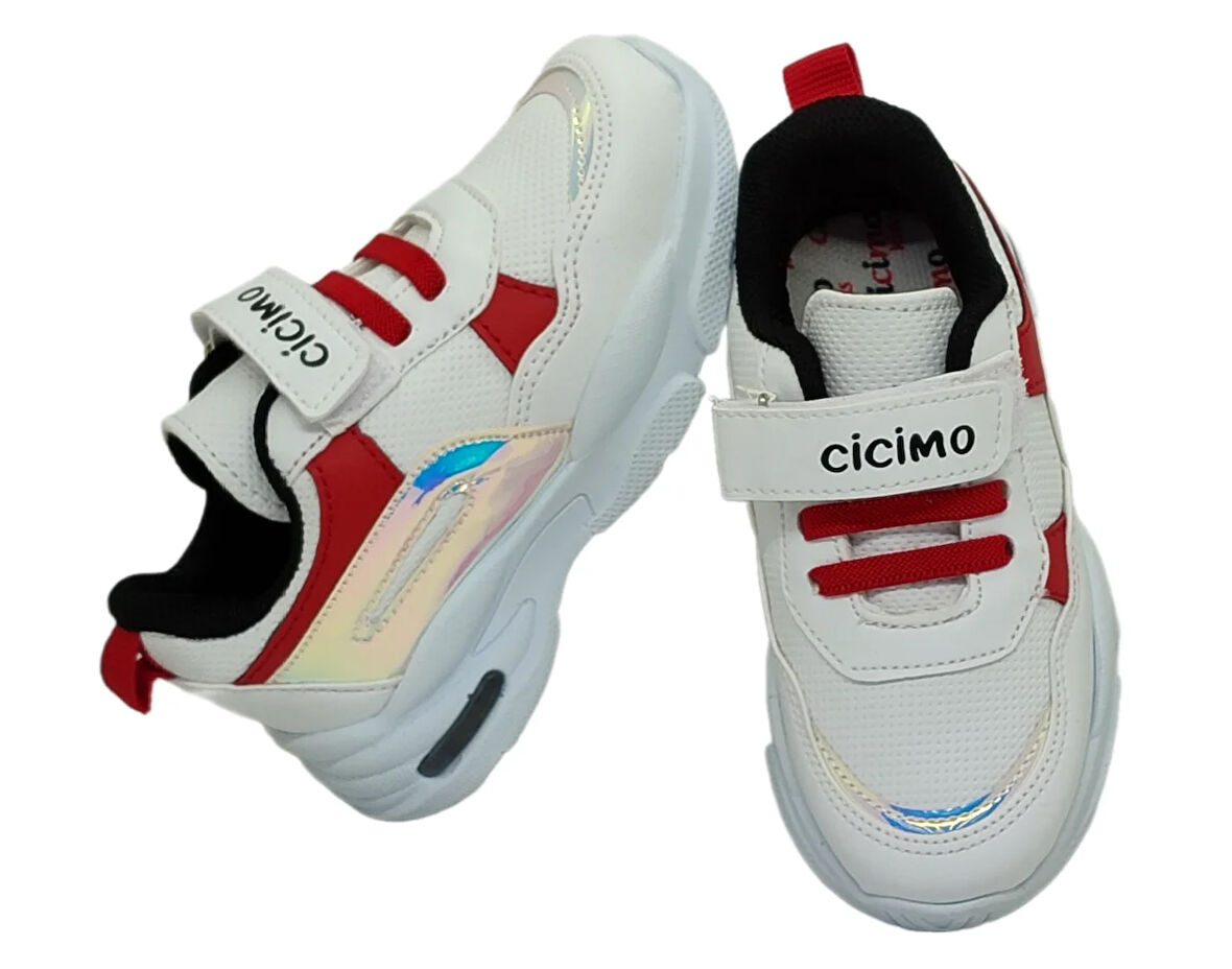 CİCİMO 007 Patik Cırtlı Alt Topuk Işıklı Ünisex Çocuk Sneaker Ayakkabı BEYAZ_KIRMIZI