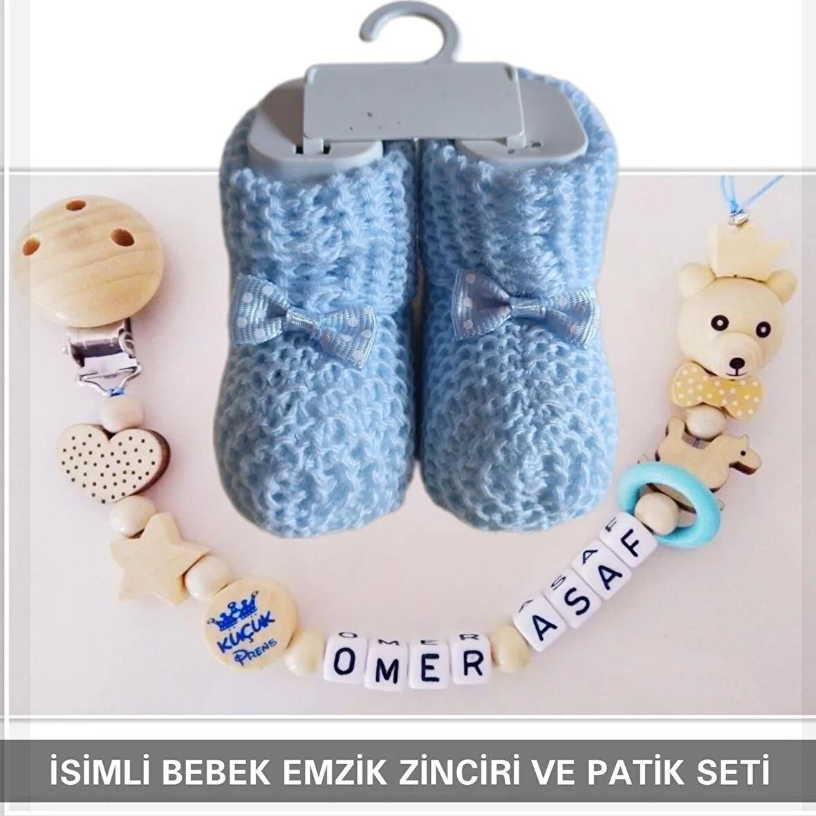 Sahi Aksesuar İsimli Bebek Emzik Zinciri ve Mavi Renk Patik Seti - sahi_0318