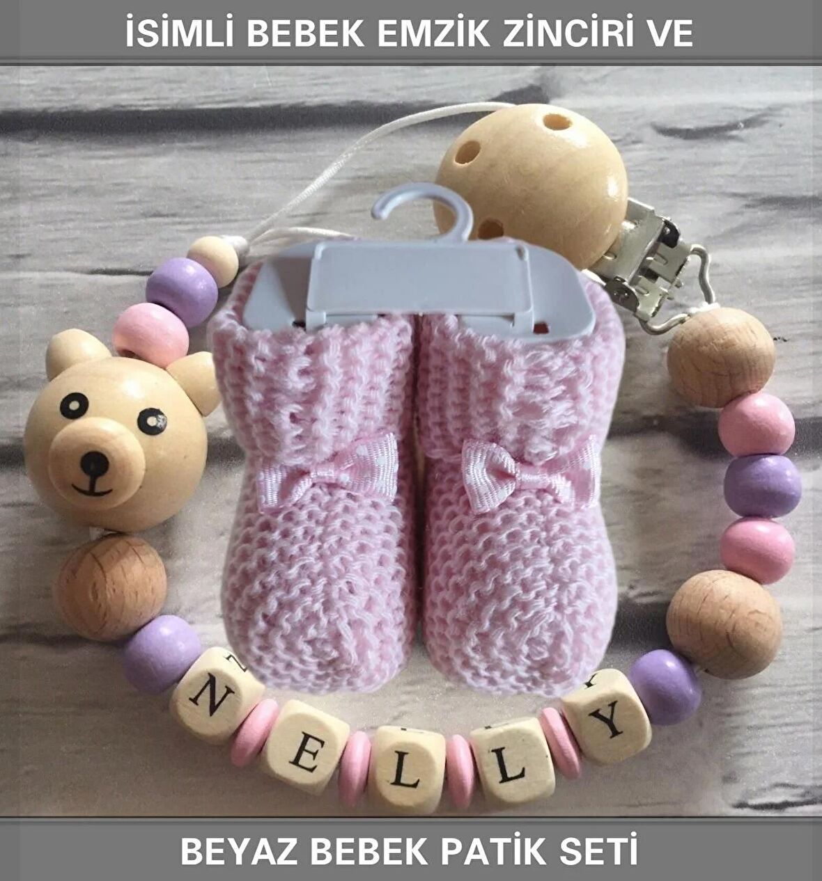 Sahi Aksesuar İsimli Bebek Emzik Zinciri ve Pembe Renk Patik Seti - sahi_0368