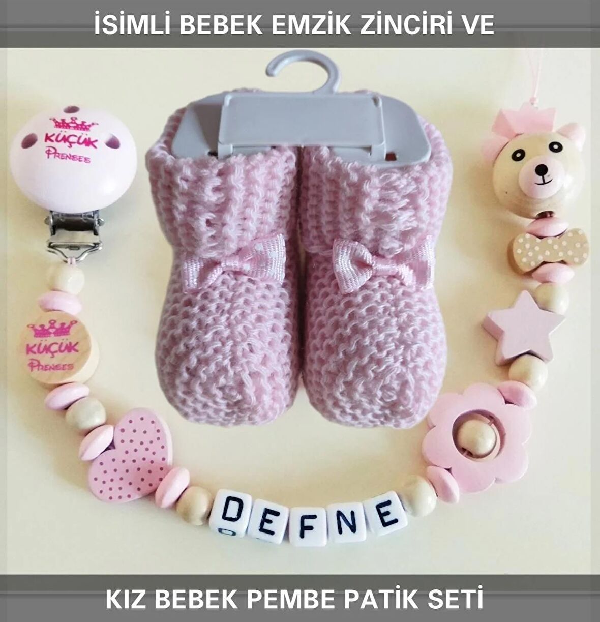 Sahi Aksesuar İsimli Bebek Emzik Zinciri ve Pembe Renk Patik Seti - sahi_0371