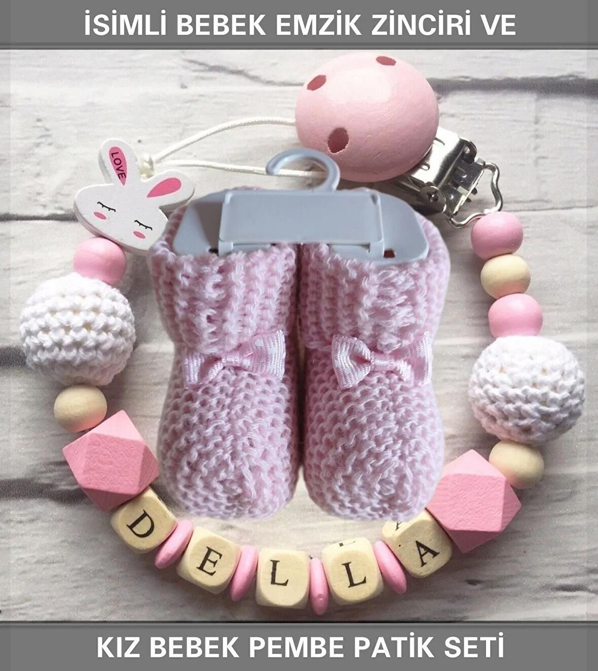 Sahi Aksesuar İsimli Bebek Emzik Zinciri ve Pembe Renk Patik Seti - sahi_0374