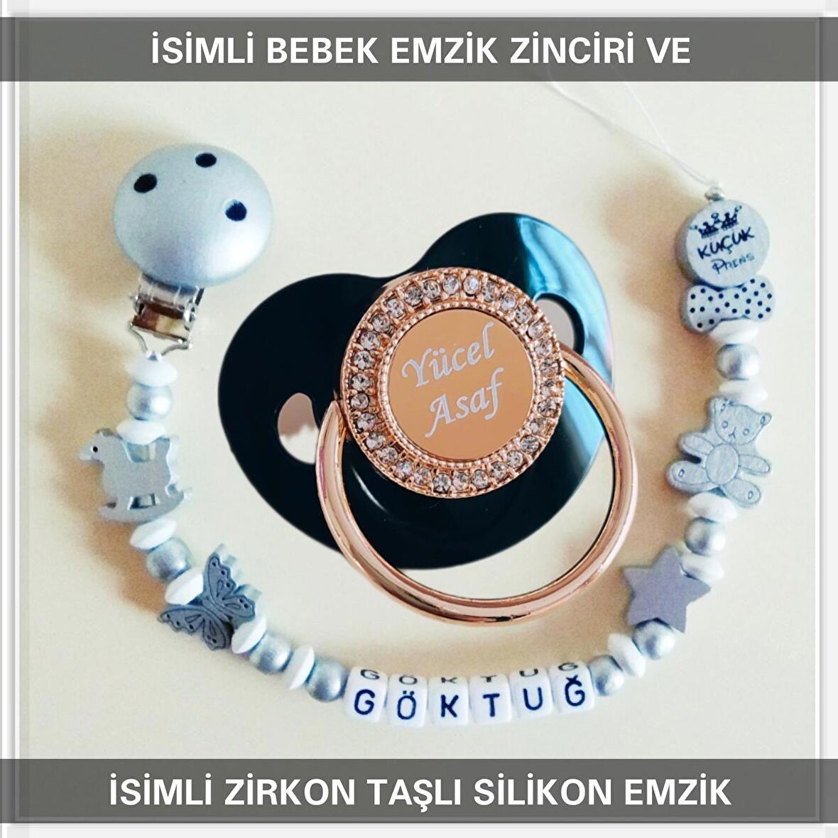 Sahi Aksesuar İsimli Bebek Emzik Zinciri Ve Bebek Silikon Emzik Seti (0-6 Ay/Yeni Doğan) sahi_0590