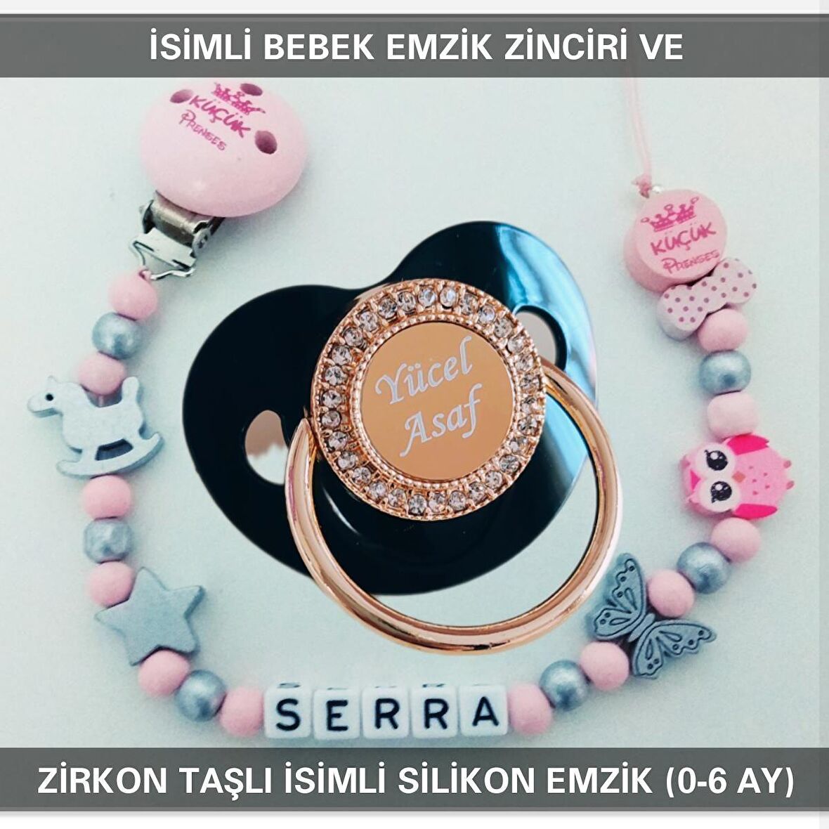 Sahi Aksesuar İsimli Bebek Emzik Zinciri Ve Bebek Silikon Emzik Seti (0-6 Ay/Yeni Doğan) sahi_0594