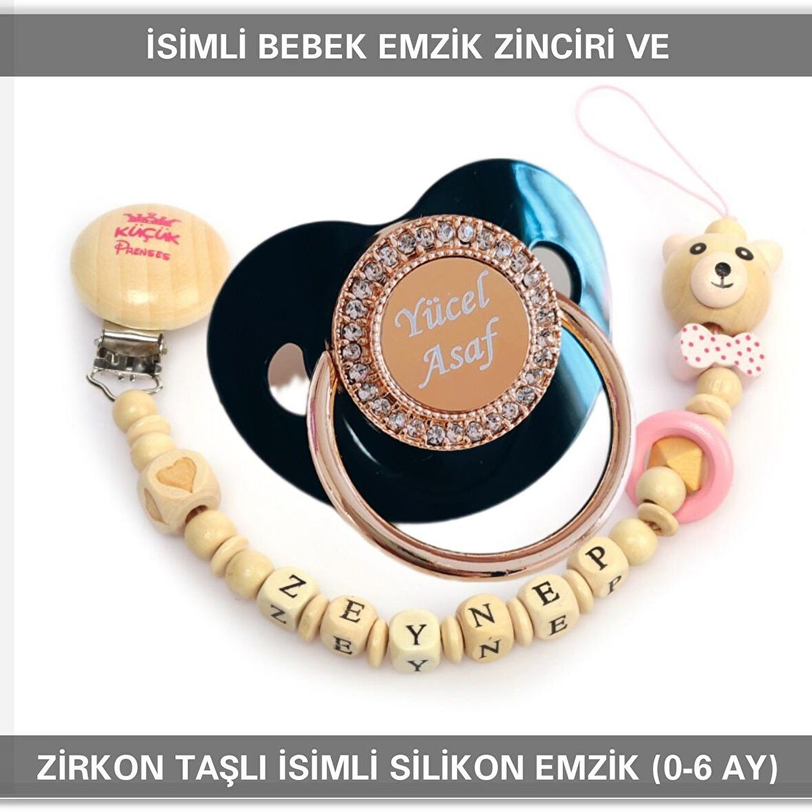 Sahi Aksesuar İsimli Bebek Emzik Zinciri Ve Bebek Silikon Emzik Seti (0-6 Ay/Yeni Doğan) sahi_0694