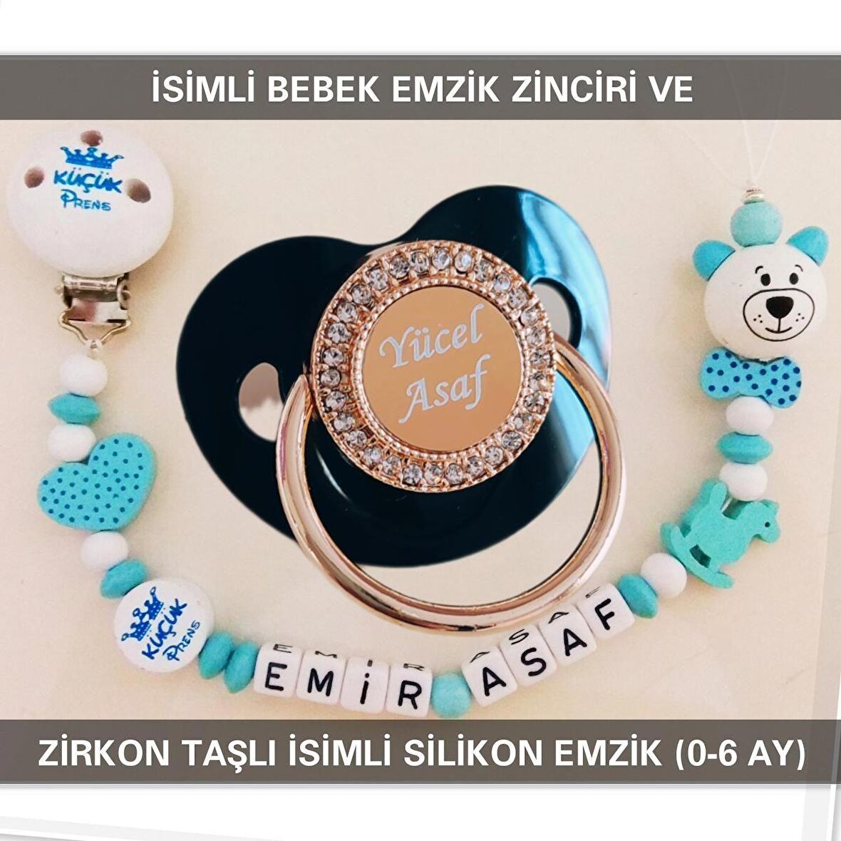 Sahi Aksesuar İsimli Bebek Emzik Zinciri Ve Bebek Silikon Emzik Seti (0-6 Ay/Yeni Doğan) sahi_0697