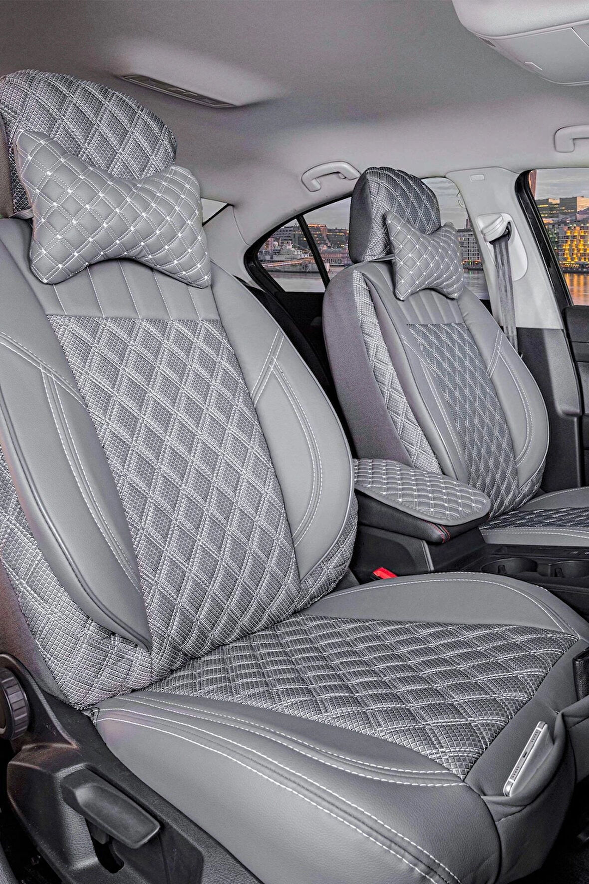 Chrysler Sebring Uyumlu Lüx Yarı Deri Oto Koltuk Kılıfı Ön Arka Takım PETRA Serisi FÜME