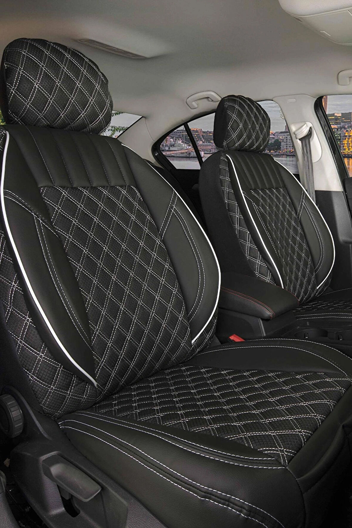 Daewoo Racer Uyumlu Lüx Yarı Deri Oto Koltuk Kılıfı Ön Arka Takım PETRA Serisi SİYAH BEYAZ