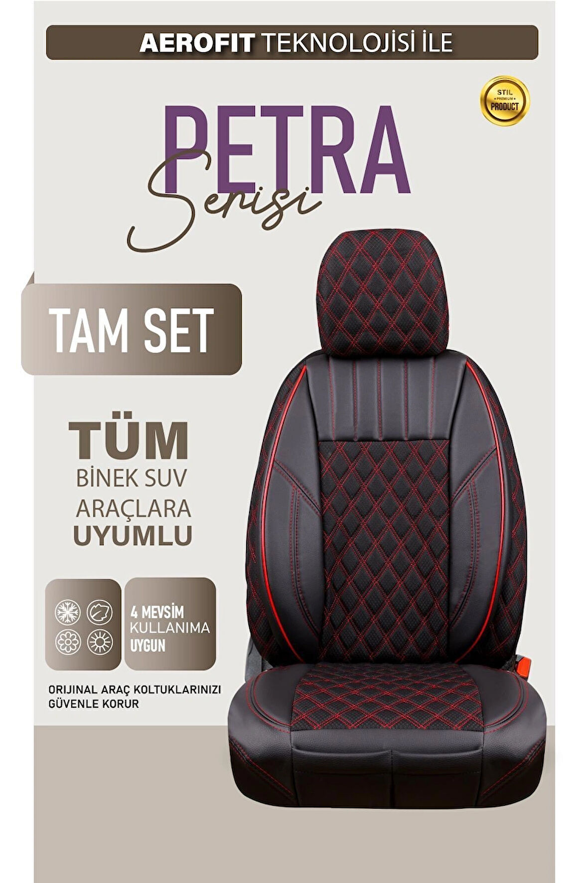Toyota Cressida Uyumlu Lüx Yarı Deri Oto Koltuk Kılıfı Ön Arka Takım PETRA Serisi SİYAH KIRMIZI