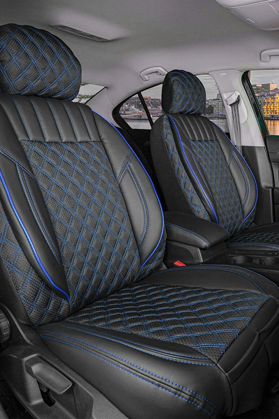 Volvo S60 2008-2010 Uyumlu Lüx Yarı Deri Oto Koltuk Kılıfı Ön Arka Takım PETRA Serisi SİYAH MAVİ