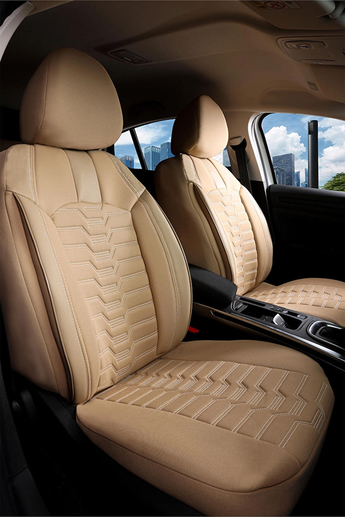 Daihatsu Applause ile Uyumlu Lüx Deri Detaylı Oto Koltuk Kılıfı Ön Arka Takım PLATINUM Serisi BEJ